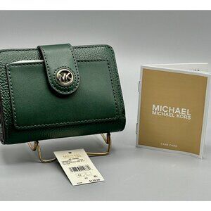 Michael Kors Charm Small Tab Compact Pocket Wallet Bosco Green Leather *READ*